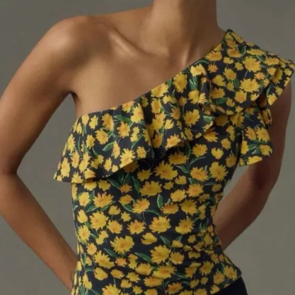 Anthropologie Maeve One-Shoulder Daisy Ruffled Top